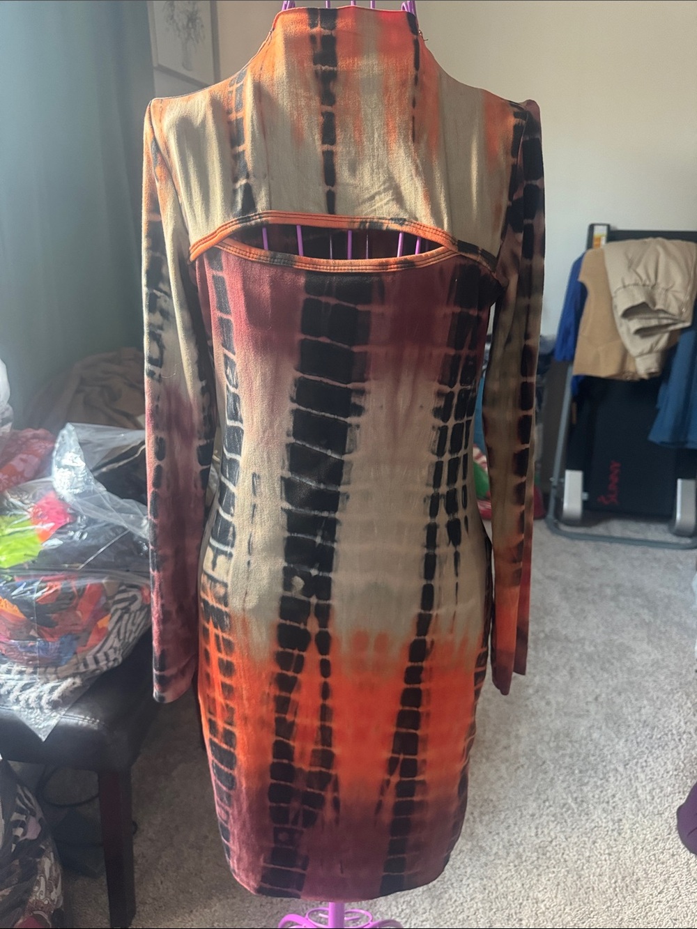 Fashion Nova Tie-Dye Long Sleeve Bodycon Dress in Orange and Brown